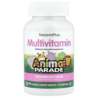 NaturesPlus, Animal Parade, Suplemento multivitamínico masticable para niños, Sandía, 90 comprimidos con forma de animal