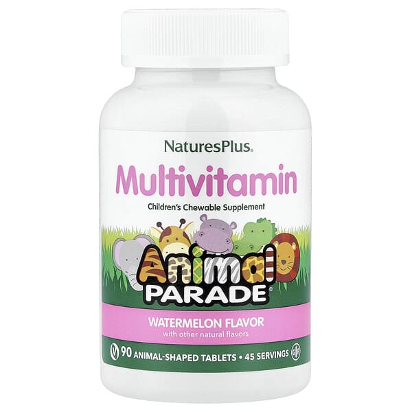 NaturesPlus Animal Parade®, Children's Chewable Multivitamin Supplement, Watermelon, 90 Animal-Shaped Tablets