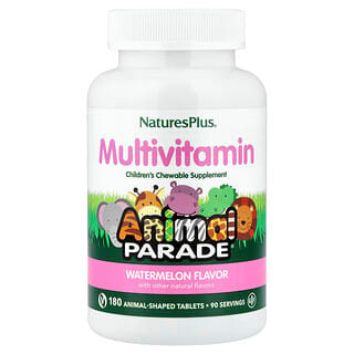 NaturesPlus, Animal Parade®, Multivitamines à croquer pour enfant, Pastèque, 180 comprimés en forme d'animaux
