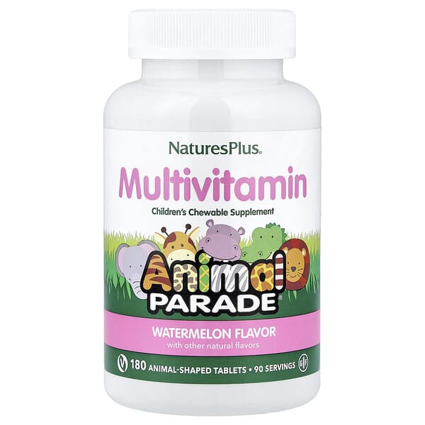 NaturesPlus Animal Parade®, Children's Chewable Multivitamin, Watermelon, 180 Animal-Shaped Tablets