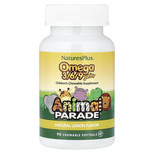 NaturesPlus, Animal Parade®, Omega 3/6/9쥬니아, 천연 레몬 맛, 츄어블 소프트젤 90정
