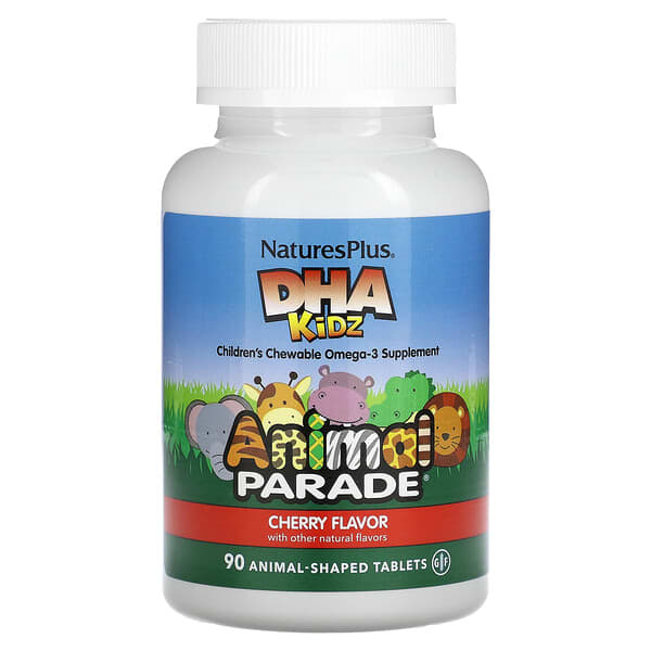 NaturesPlus, Animal Parade, DHA Kids, Children's Chewable Omega-3 Supplement, Cherry, 90 Animal-Shaped Tablets
