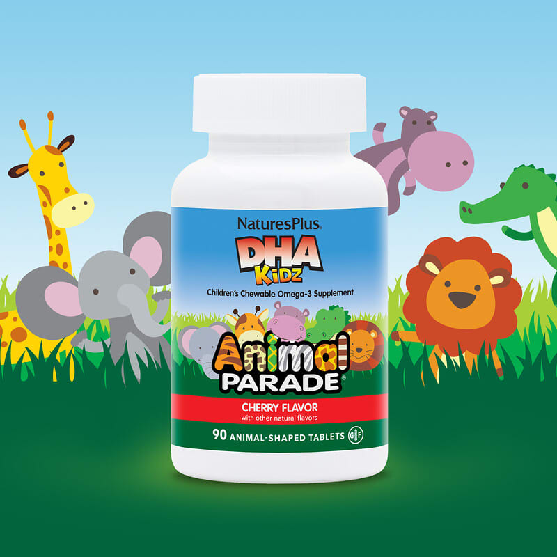 NaturesPlus, Source of Life, Animal Parade, DHA para niños, Masticables para niños, Sabor natural a cereza, 90 comprimidos con forma de animal