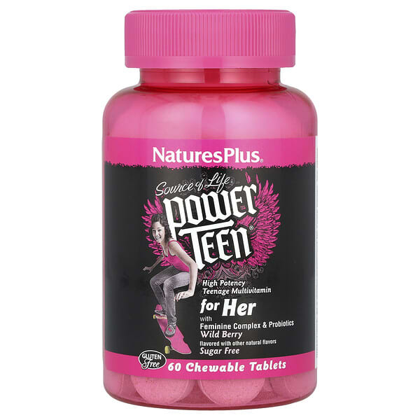 NaturesPlus, Source of Life, Power Teen, 여성용, 무설탕, 천연 산딸기 향, 츄어블 정 60정