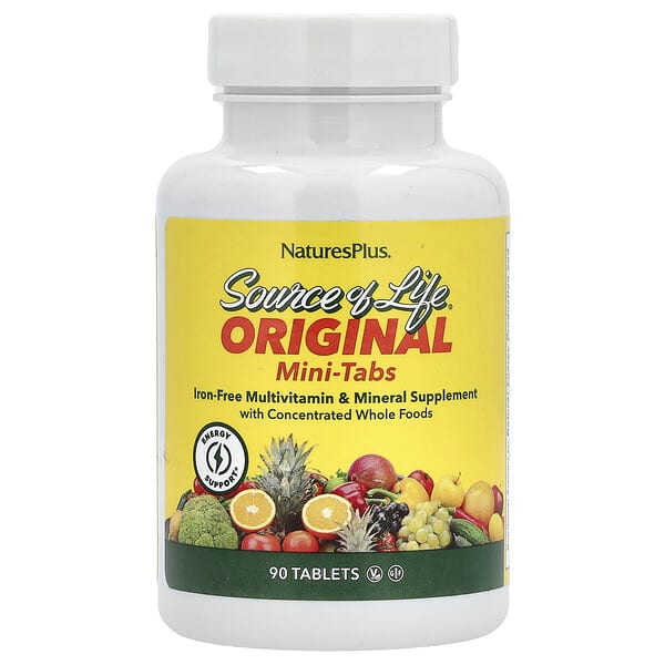 NaturesPlus, Source Of Life，多維生素和礦物質補充劑，不含鐵，90 片迷你片