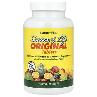 NaturesPlus, Source of Life®, Original Tablets, Multivitamin ve Mineral Takviyesi, Demir İçermez, 180 Tablet
