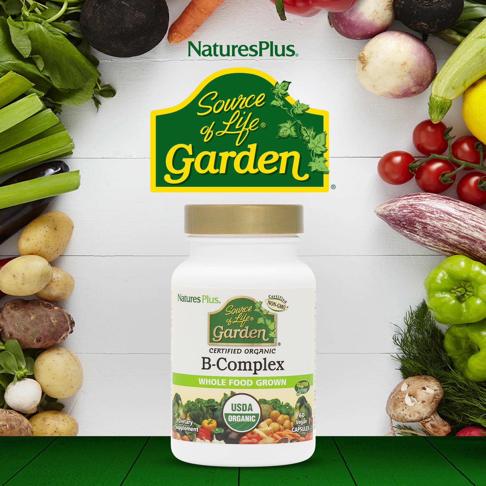 NaturesPlus, Source Of Life Garden, Organic B-Complex, 60 Vegan Capsules