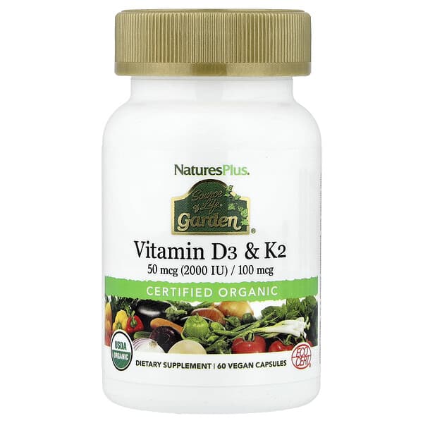 NaturesPlus Source of Life Garden®, Vitamin D3 & K2, 60 Vegan Capsules