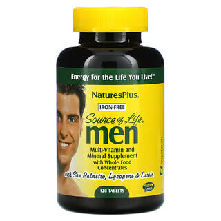 NaturesPlus, Source of Life, Men, Multi-Vitamin and Mineral Supplement with Whole Food Concentrates, Iron-Free, 120 Tablets