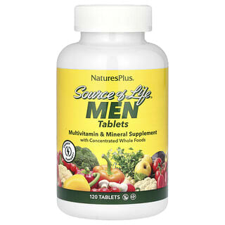 NaturesPlus, Source of Life Men, Suplement multiwitaminowy i mineralny ze skoncentrowanymi zdrowymi produktami spożywczymi, bez żelaza, 120 tabletek