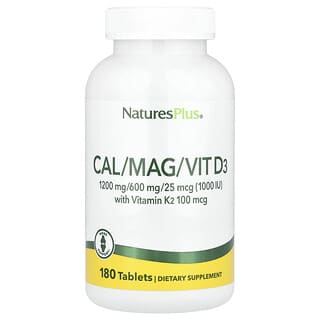 NaturesPlus, Suplemento de Minerales Calcio/Magnesio/Vitamina D3 y K2, 180 Tabletas