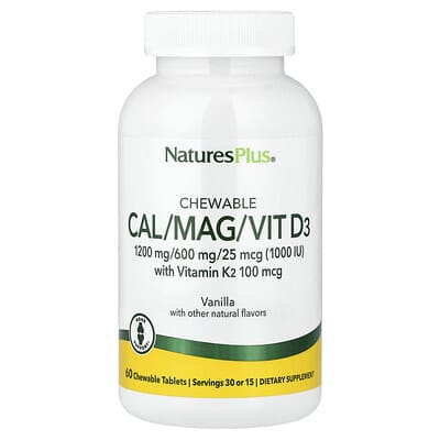 NaturesPlus, Calcium/Magnesium/Vitamin D3 & Vitamin K2, Chewable Tablets, Vanilla, 60 Tablets