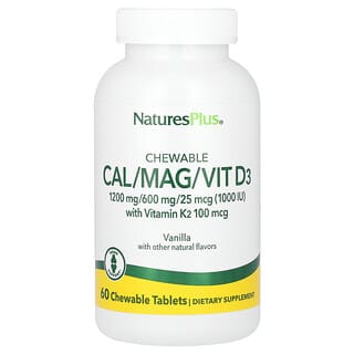 NaturesPlus, Comprimidos masticables con contenido calórico, magnésico y de vitamina D3 con vitamina K2, Vainilla, 60 comprimidos masticables