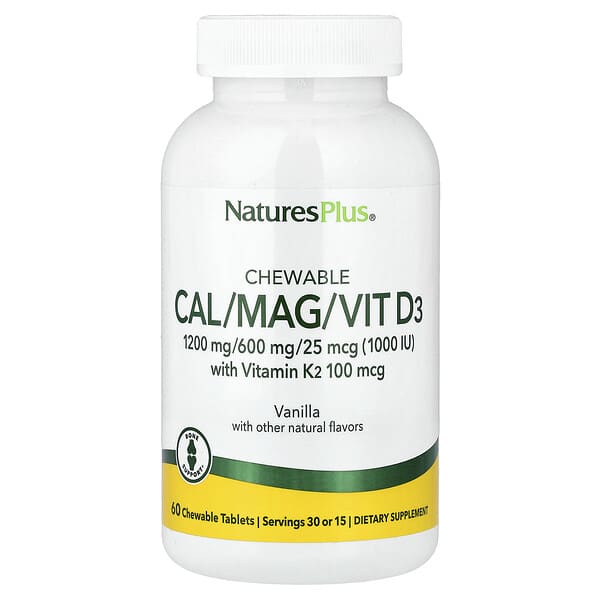 NaturesPlus Chewable Cal/Mag/Vit D3 with Vitamin K2, Vanilla, 60 Chewable Tablets