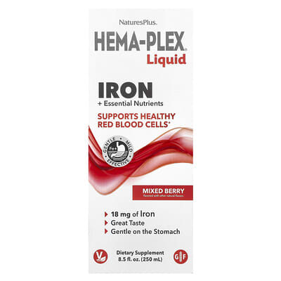 NaturesPlus, Hema-Plex® Liquid, Iron + Essential Nutrients, Assorted Berry Flavor, 8.5 fl oz (250 ml)