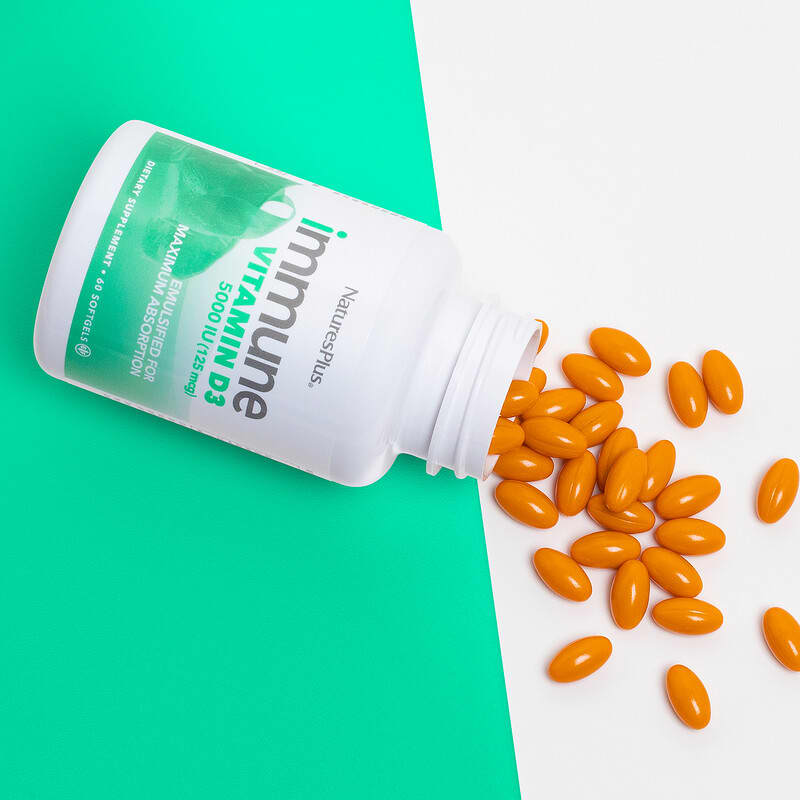 NaturesPlus, Système immunitaire Vitamine D3, 125 µg (5000 UI), 60 capsules à enveloppe molle