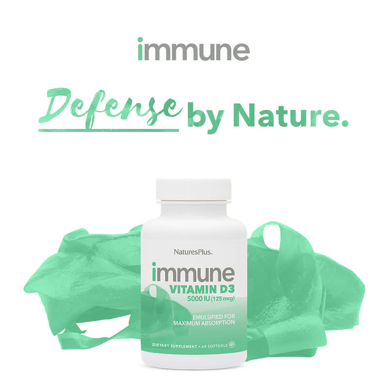 NaturesPlus, Système immunitaire Vitamine D3, 125 µg (5000 UI), 60 capsules à enveloppe molle