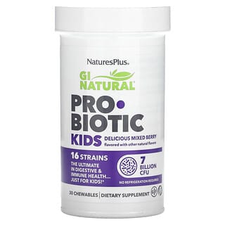 NaturesPlus, GI Natural, Probiótico para niños, Delicioso sabor a bayas mixtas, 7000 millones de UFC, 30 comprimidos masticables