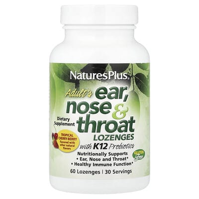 NaturesPlus, Adult's Ear, Nose & Throat Lozenges with K12 Probiotics, Natural Tropical Cherry-Berry, 60 Lozenges