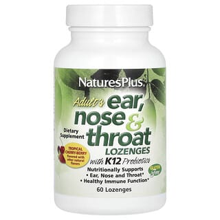 NaturesPlus, добавка для ушей, горла, носа, леденцы для взрослых с пробиотиком K12, натуральный тропический вкус вишни и ягод, 60 леденцов