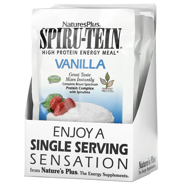 NaturesPlus, Spiru-Tein（スピルテイン）、高タンパクエナジーミール、無糖、バニラ、8袋、各23g（0.8オンス）