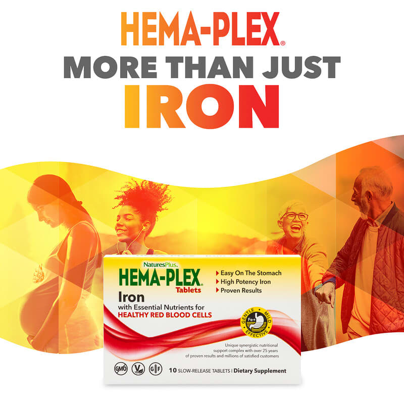 NaturesPlus, Hema-Plex, Iron with Essential Nutrients for Healthy Red Blood Cells , 10 Slow Release Tablets