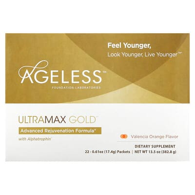 Ageless Foundation Laboratories, UltraMax Gold, Advanced Rejuvenation Formula with Alphatrophin, Valencia Orange, 22 Packets, 0.61 oz (17.4 g) Each