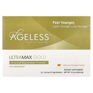 Ageless Foundation Laboratories, UltraMax Gold, Alphatrophin 함유, 고급 원기 회복 포뮬라, 발렌시아 오렌지 맛, 22팩, 각 17.4g (0.61 oz)