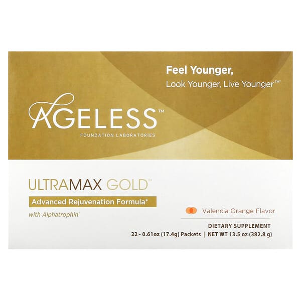 Ageless Foundation Laboratories, UltraMax Gold, Alphatrophin 함유, 고급 원기 회복 포뮬라, 발렌시아 오렌지 맛, 22팩, 각 17.4g (0.61 oz)