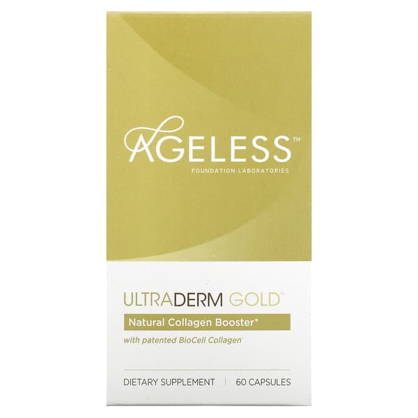 Ageless Foundation Laboratories, UltraDerm Gold（ウルトラダーマ ゴールド）、特許取得済みBioCell Collagen（バイオセルコラーゲン）配合ナチュラルコラーゲンブースター、カプセル60粒