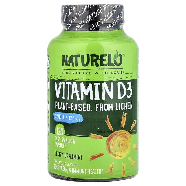 NATURELO, 비타민D3, 62.5mcg(2,500IU), 삼키기 쉬운 캡슐 120정