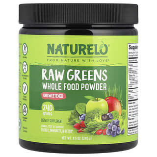 NATURELO, Raw Greens Whole Food in polvere, non zuccherato, 240 g