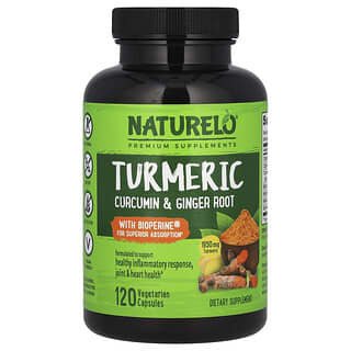 NATURELO, Turmeric Curcumin & Ginger Root with Bioperine®, Kurkuma-Curcumin und Ingwerwurzel mit Bioperine®, 120 pflanzliche Kapseln