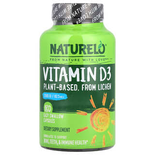 NATURELO, Vitamina D3, À Base de Plantas de Líquen, 62,5 mcg (2.500 UI), 180 Cápsulas Easy Swallow