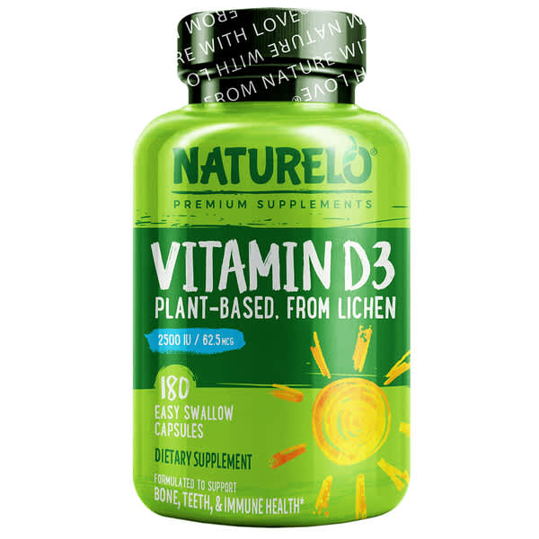 NATURELO, Vitamina D3, de origen vegetal proveniente del liquen, 62,5 mcg (2500 UI), 180 cápsulas de fácil ingestión