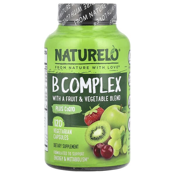 NATURELO, 과일 및 야채 혼합물이 첨가된 B 복합체, CoQ10 함유, 베지 캡슐 120정