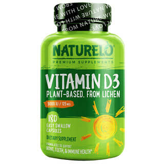 NATURELO, Vitamin D3, Plant Based from Lichen, 125 mcg (5,000 IU), 180 Easy Swallow Capsules