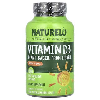 NATURELO, Vitamina D3, À Base de Plantas, 125 mcg (5.000 UI), 180 Cápsulas Easy Swallow
