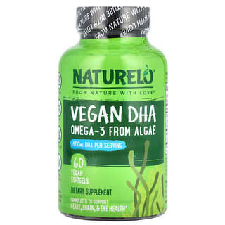 NATURELO, DHA Vegan, Omega 3 dari Ganggang, 800 mg, 60 Kapsul Gel Lunak Vegan (400 mg per Kapsul Gel Lunak)