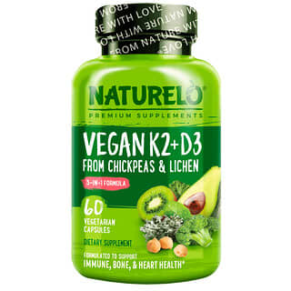 NATURELO, Vitamine K2 + D3, issue de pois chiches et de lichen, 60 capsules végétariennes