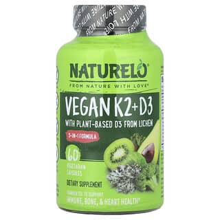 NATURELO, Vegan Vitamin K2 + D3, veganes Vitamin K2 + D3, 60 pflanzliche Kapseln