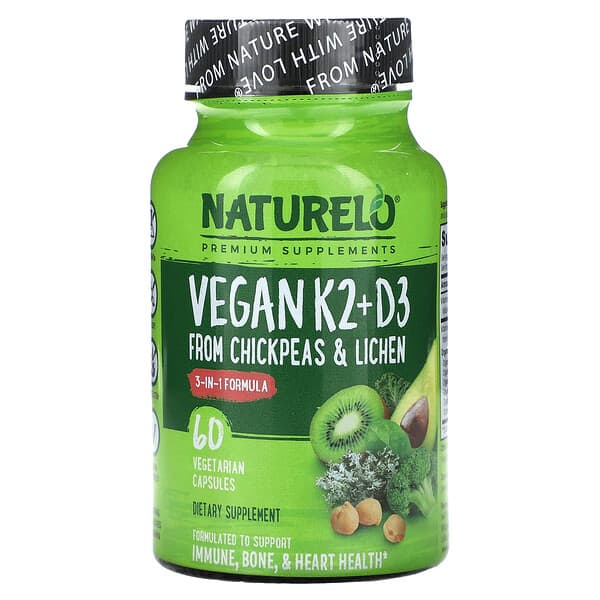 NATURELO, Витамин K2 + D3, из нута и лишайника, 60 вегетарианских капсул