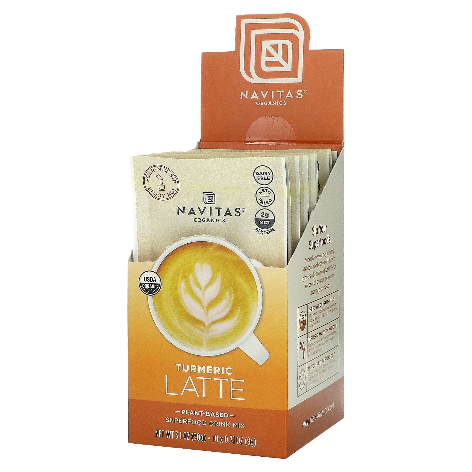 Navitas Organics, Latte, Superfood Drink Mix, Turmeric, 10 Packets, 0.