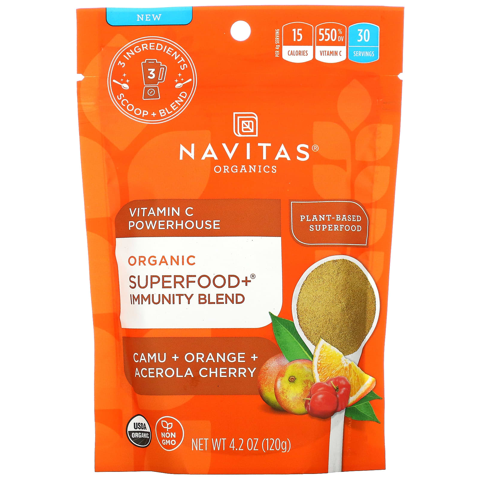 Navitas Organics, オーガニックスーパーフード＋イミュニティブレンド、ビタミンCたっぷり、カムカム＋オレンジ＋アセロラ
