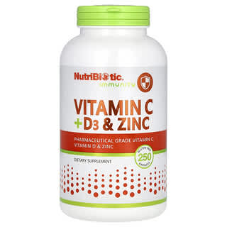 NutriBiotic, Inmunidad, Vitamina C + D3 y zinc, 250 cápsulas