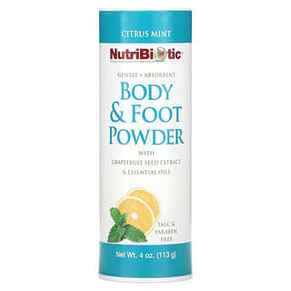 NutriBiotic, Poudre pour le corps et les pieds à l'extrait de pépins de pamplemousse et aux huiles essentielles, agrumes et menthe, 113 g