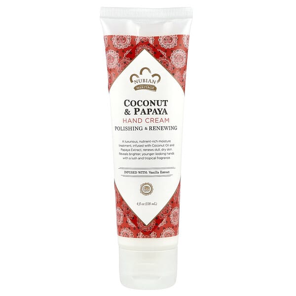 Nubian Heritage, Cremă de mâini, nucă de cocos și papaya, 4 fl oz (118 ml)