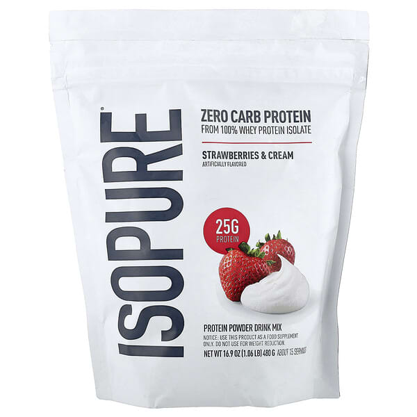 Zero Carb Protein Powder, Strawberries & Cream, 1.06 lb (480 g)