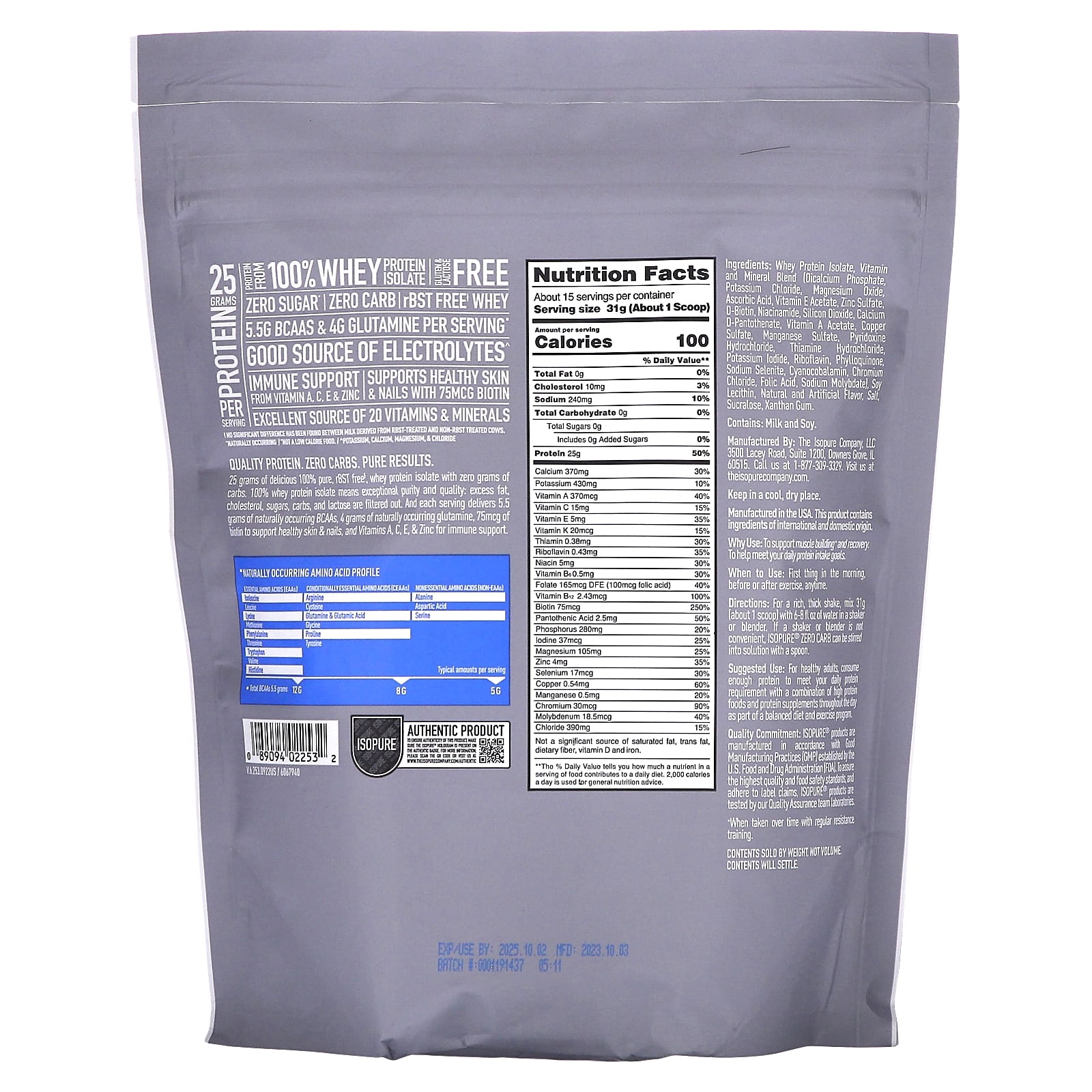 Isopure Zero Carb Protein Powder Creamy Vanilla 1 Lb 454 G