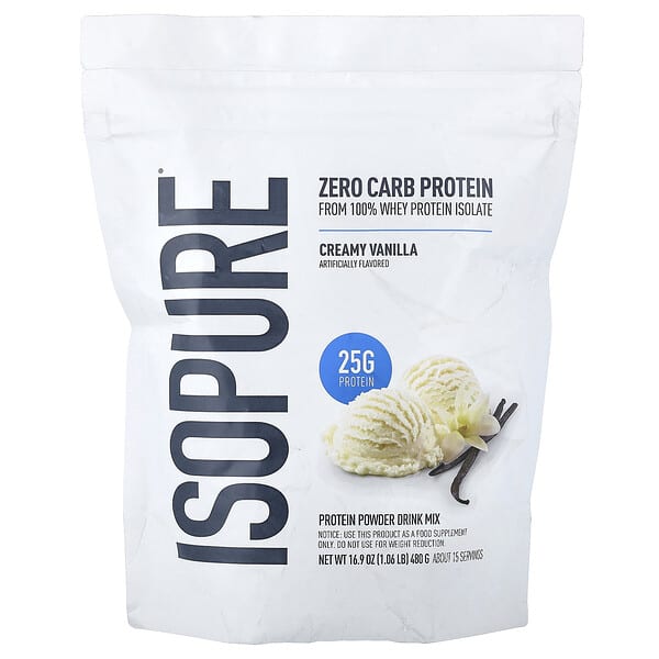 Isopure Zero Carb Protein Powder Drink Mix, Creamy Vanilla, 1.06 lb (480 g) supplement bottle